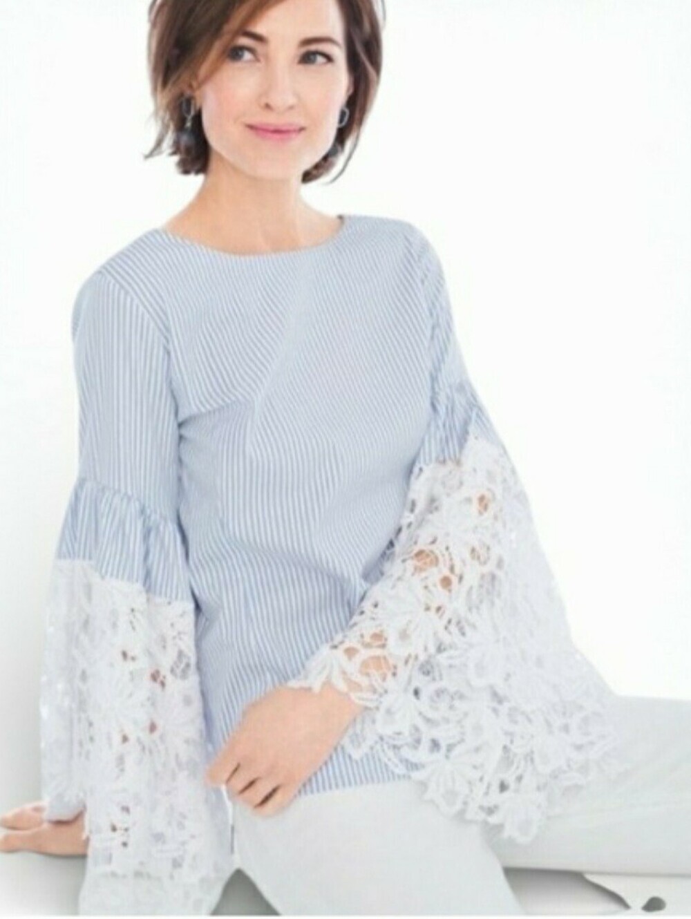 Chico's Black Label Hampton's Blouse Top XL Blue White Stripe Lace Bell Sleeve